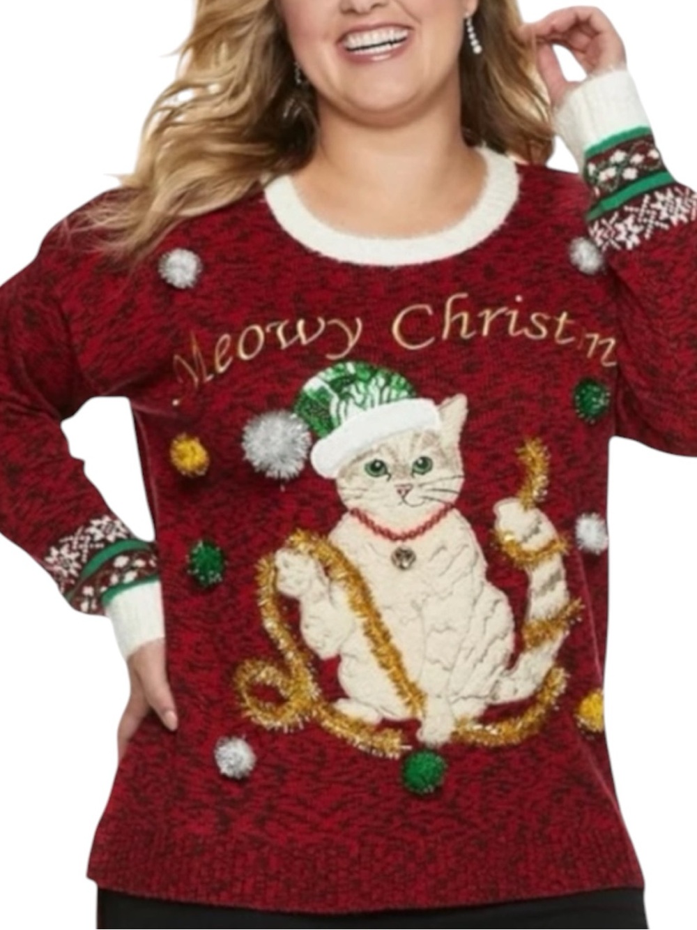 UNITED STATES SWEATERS "Meowy Christmas" Ugly Cat Sweater Size L --WON Each Time